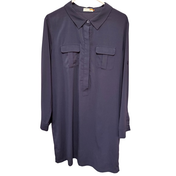 Calvin‎ Klein Navy Shirt Dress Long Sleeve Collard Minimal Chic Size 14 - Picture 1 of 9